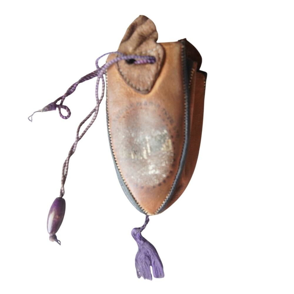 Vintage Mini Leather Coin Purse Moroccan Style Folding Pouch Tassel 4.5" - Picture 2 of 5